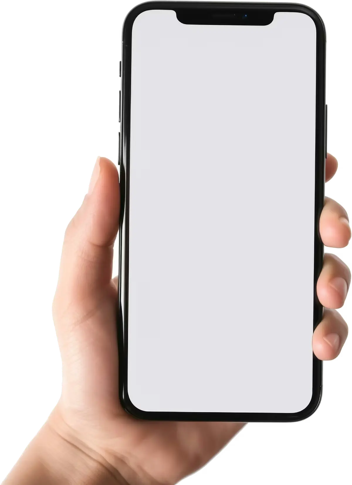 A hand holding a phone: the device the diagram takes apart, layer by layer
